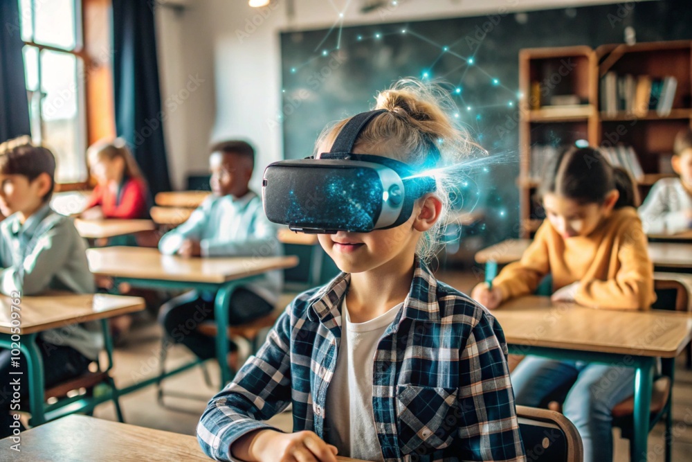 Close-up of a boy wearing virtual reality glasses. The child is in the classroom, with other students in the background. The digital interface is displayed in the headphones. Close-up of a boy wearing virtual reality glasses. The child is in the classroom, with other students in the background. The digital interface is displayed in the headphones.