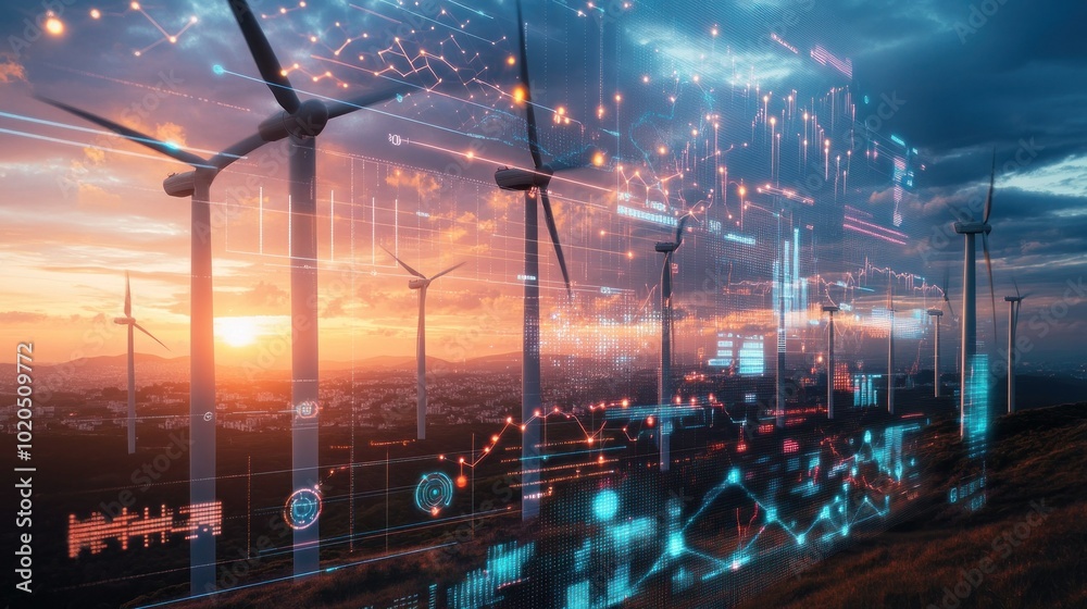 Obraz premium Wind Turbines at Sunset with Digital Data Overlay