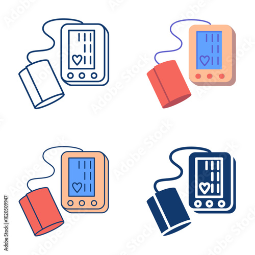 Blood pressure monitor icon set in flat and line style. Tonometer symbol. Digital medical equipment. Vector illustration.