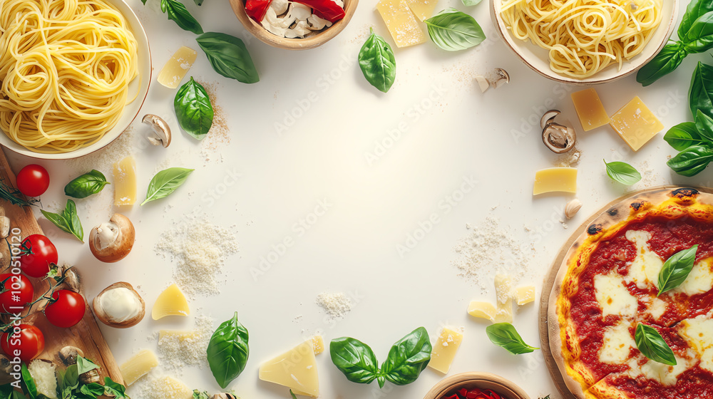 A vibrant arrangement of pasta ingredients including tomatoes, cheese, and fresh basil, perfect for culinary inspiration.