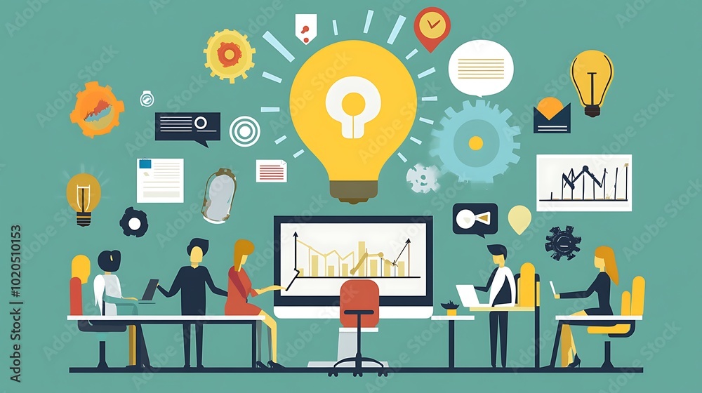 A team of diverse office workers brainstorming a new idea A team of diverse office workers brainstorming a new idea