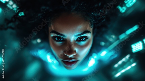 A futuristic woman surrounded by vibrant neon light, her intense gaze suggests determination and exploration, capturing futuristic and cyberpunk themes. photo