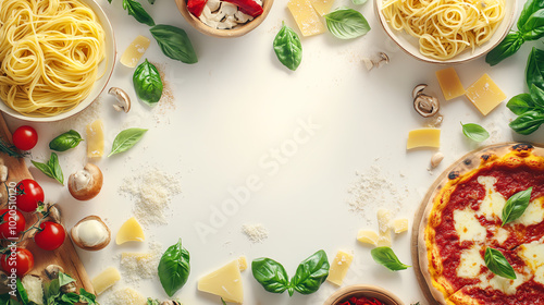 A vibrant arrangement of pasta ingredients including tomatoes, cheese, and fresh basil, perfect for culinary inspiration.