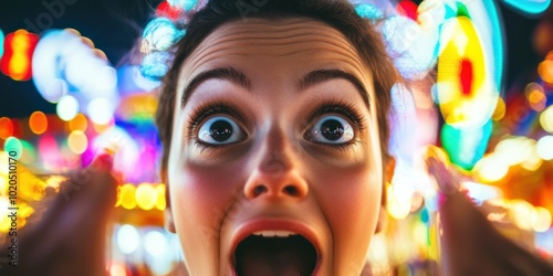 Eyes wide open with surprise and amazement, set against the backdrop of a vibrant carnival