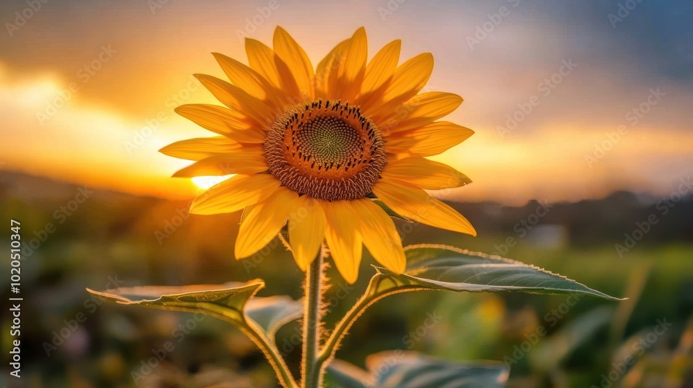 Fototapeta premium A vibrant sunflower against a sunset backdrop, showcasing nature's beauty and tranquility.