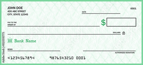 Money check blank template. Blank bank checkbook cheque - generic vector design.