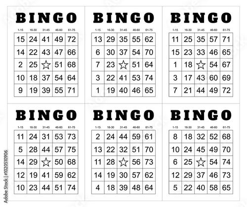 Bingo card random numbers printable template set. Vector illustration simple bingo card design.