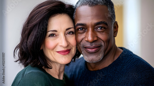 Happy senior interracial couple hugging and smiling warmly at home, showcasing love and affection in a cozy setting.