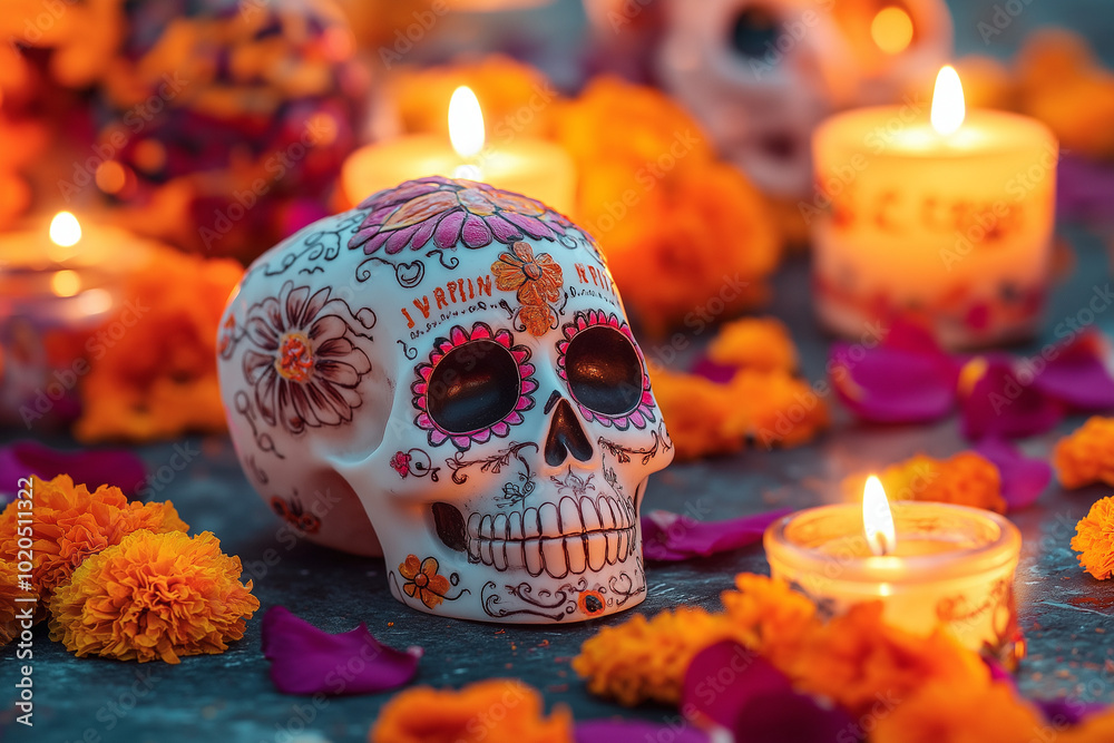 Beautifully decorated sugar skulls on an altar, surrounded by marigold petals, candles, and incense. Intricate patterns and names on their foreheads add meaning. Warm candlelight creates