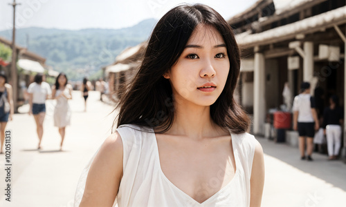 Relaxed Asian Woman with Black Hair Enjoying a Sunny Day Walk in a Bustling City