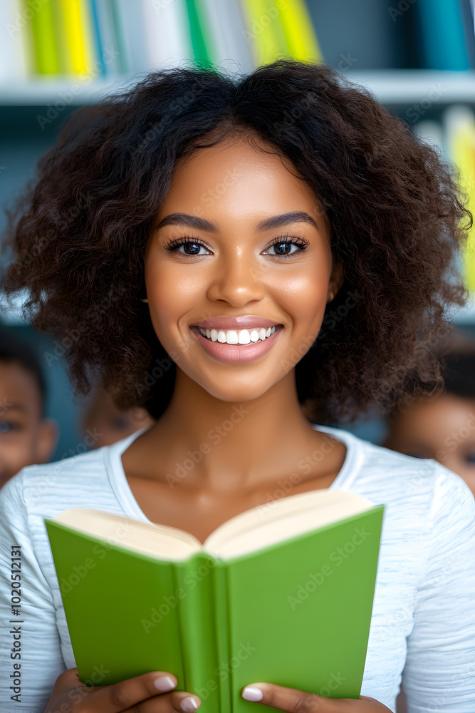Classroom moment with young smiling African woman teacher reading a book to small kids in kindergarten, supporting early childhood education. Classroom moment with young smiling African woman teacher reading a book to small kids in kindergarten, supporting early childhood education.