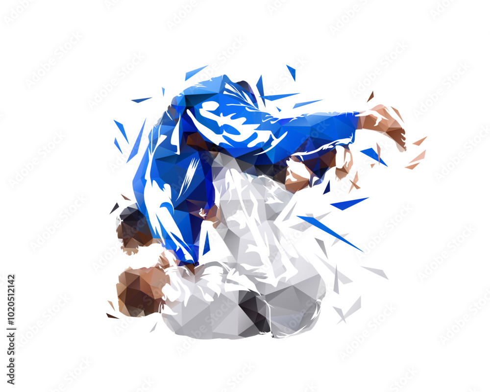 Judo sport, two fighters in kimono, isolated low polygonal vector illustration, martial arts