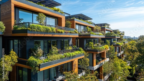 eco-friendly residential complex with energy-efficient homes adorned with green balconies rooftop gardens and solar panels emphasizing sustainable urban living and modern green architecture