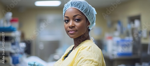 A female surgeon in a yellow scrub suit and surgical cap looks directly at the camera with a confident expression. photo