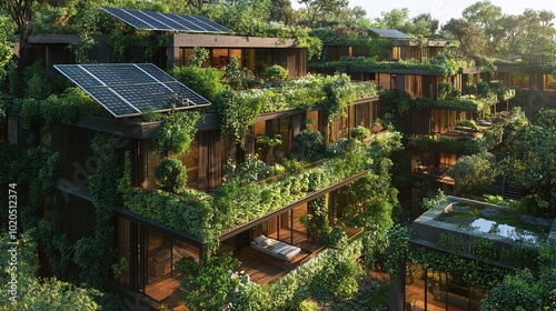 eco-friendly residential complex with energy-efficient homes adorned with green balconies rooftop gardens and solar panels emphasizing sustainable urban living and modern green architecture