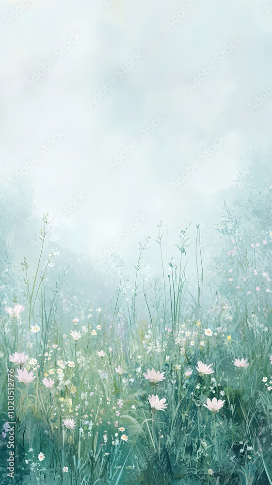Traumhafte Illustration, mit Morgennebel über stiller Wiese, mit Gänseblümchen in zarten Pastelltönen als Aquarell in sanften Farben, mit Textfreiraum