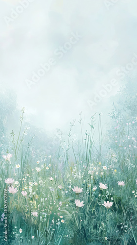 Obraz na płótnie Traumhafte Illustration, mit Morgennebel über stiller Wiese, mit Gänseblümchen in zarten Pastelltönen als Aquarell in sanften Farben, mit Textfreiraum w salonie