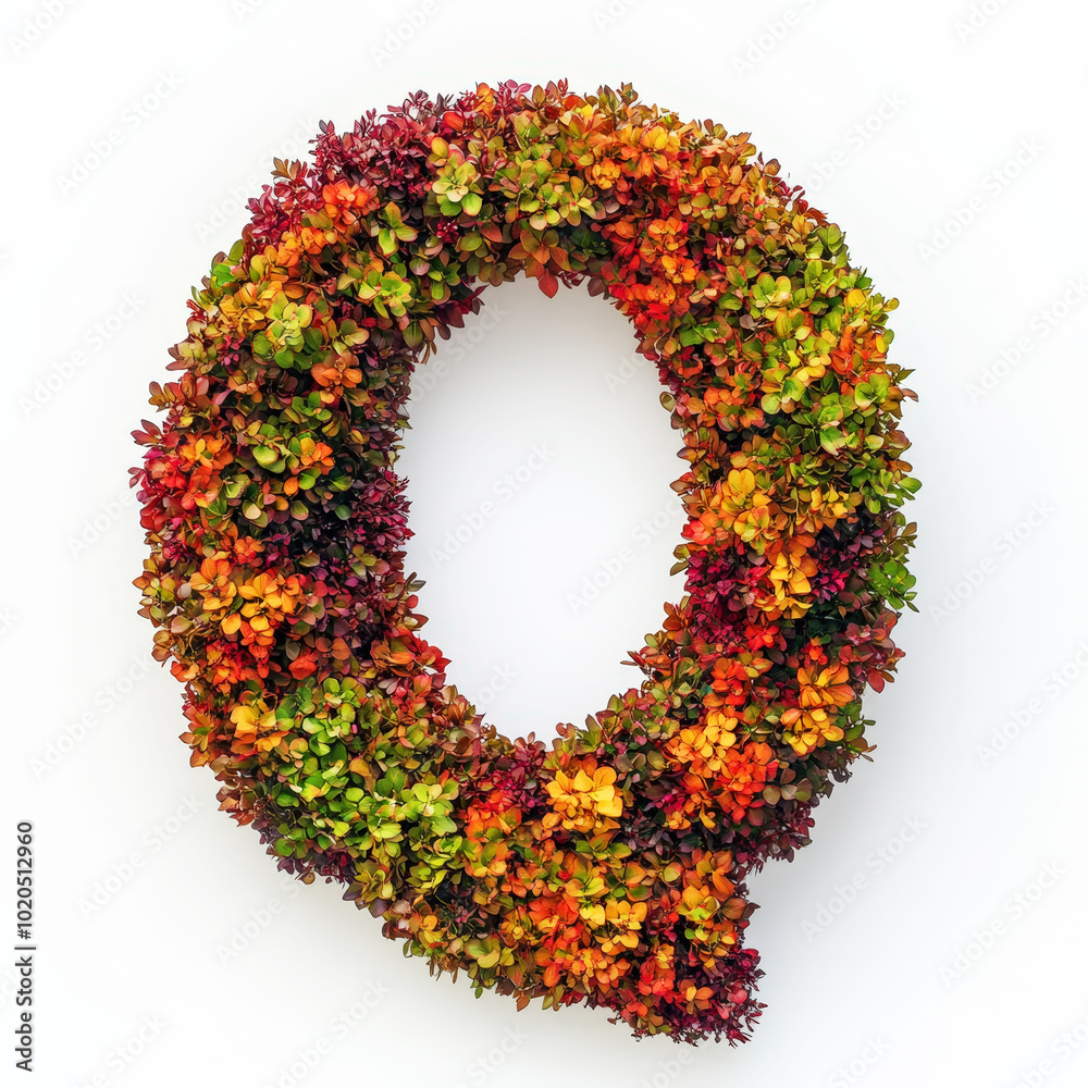 Alphabet letter Q made of fall leaves, flowers. berries. Vibrant autumn colours. White clean background. Generative AI Alphabet letter Q made of fall leaves, flowers. berries. Vibrant autumn colours. White clean background. Generative AI