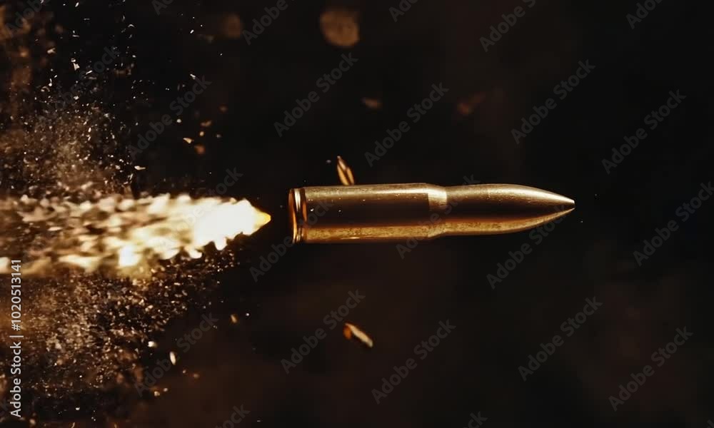 A bullet in motion, dispersing gunpowder and casings. A bullet in motion, dispersing gunpowder and casings.