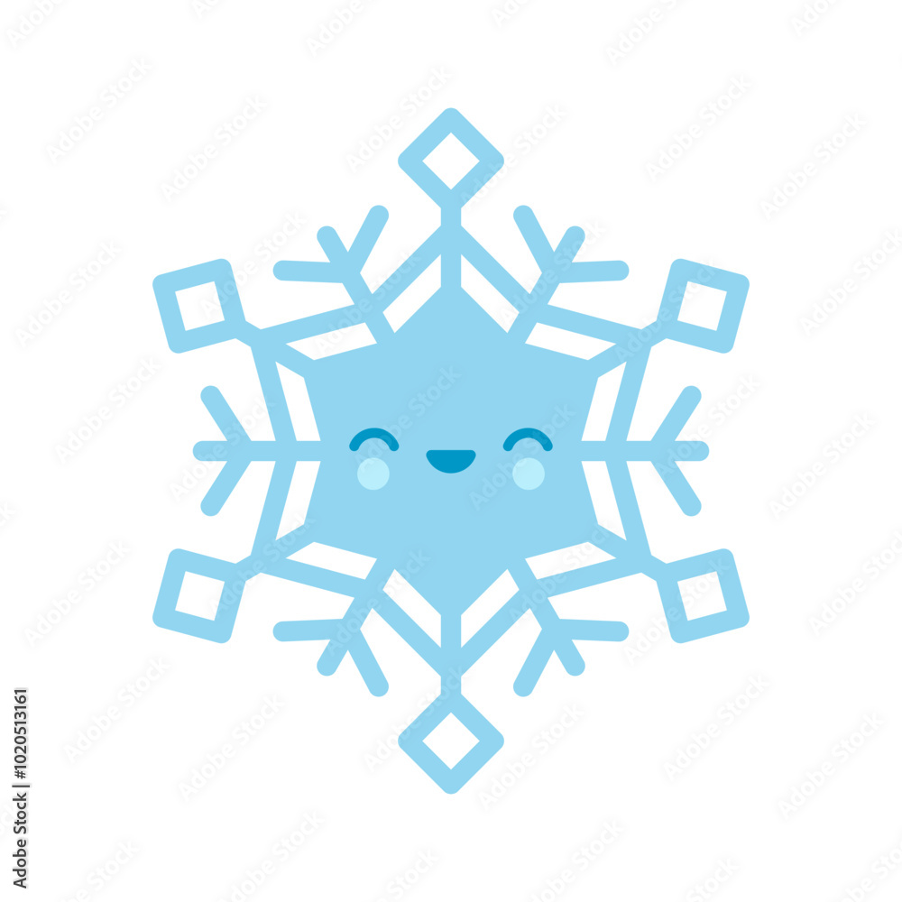 Cute blue vector snowflake emoji icon in cartoon style. Adorable snow flake smiley character. Funny Christmas doodle Cute blue vector snowflake emoji icon in cartoon style. Adorable snow flake smiley character. Funny Christmas doodle