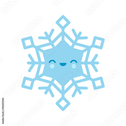Cute blue vector snowflake emoji icon in cartoon style. Adorable snow flake smiley character. Funny Christmas doodle