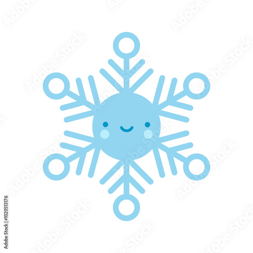 Cute blue vector snowflake emoji icon in cartoon style. Adorable snow flake smiley character. Funny Christmas doodle