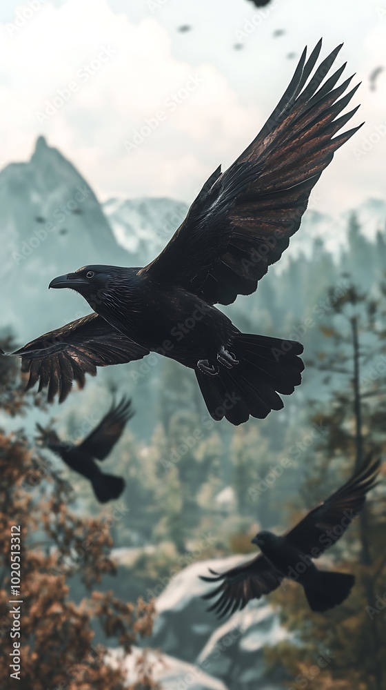 Obraz premium A flock of black birds soaring through a mountainous landscape.