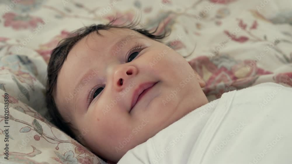 Baby resting on a floral bed, gazing intently upwards with a calm and curious expression. The baby’s gentle demeanor creates a peaceful and serene atmosphere, perfect for family moments Baby resting on a floral bed, gazing intently upwards with a calm and curious expression. The baby’s gentle demeanor creates a peaceful and serene atmosphere, perfect for family moments