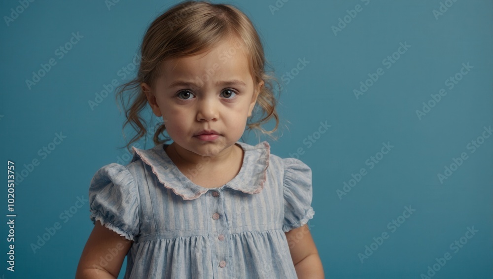 Young blonde girl with fair skin in ruffled blue dress, looking at camera with neutral expression Young blonde girl with fair skin in ruffled blue dress, looking at camera with neutral expression