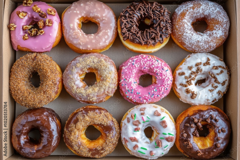 A box filled with colorful donuts of various flavors and toppings arranged neatly on a table A box filled with colorful donuts of various flavors and toppings arranged neatly on a table