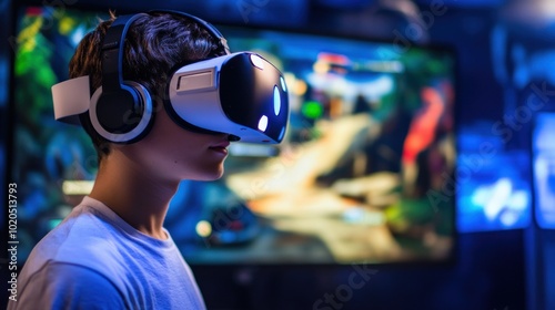 Young Man Immersed in Virtual Reality Experience