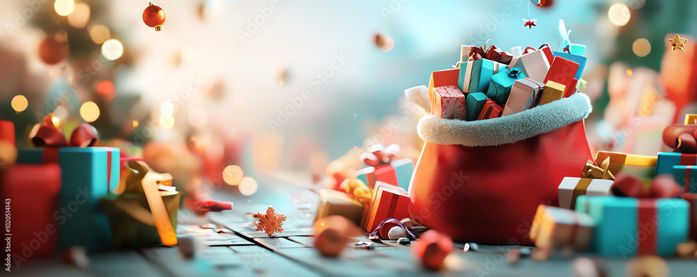 Fototapeta premium Santas toy bag overflowing with colorful Christmas presents, festive scene, 3D illustration