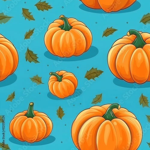 seamless pattern with pumpkins on a blue background with leaves. autumn backdrop