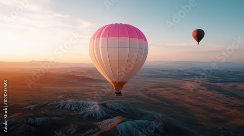 Hot air balloons drift serenely over a vast desert landscape at sunrise, offering a breathtaking view of nature's beauty and the tranquility of exploration from above. photo