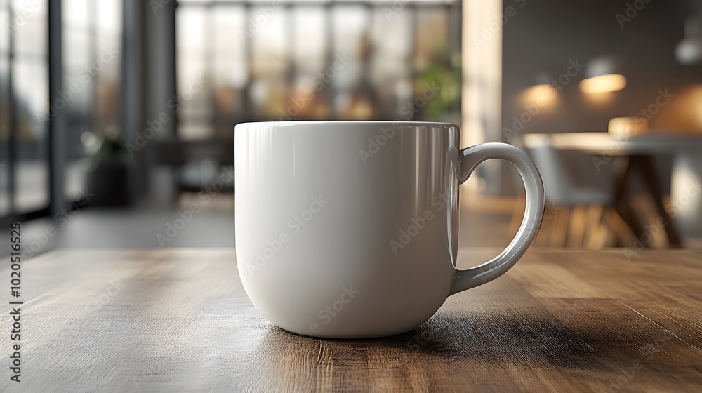A simple white coffee mug sits on a wooden table in a bright, modern café, surrounded by a cozy atmosphere with large windows and soft lighting. A simple white coffee mug sits on a wooden table in a bright, modern café, surrounded by a cozy atmosphere with large windows and soft lighting.