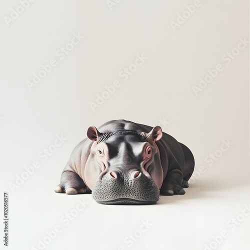 A realistic depiction of a hippo resting calmly on a neutral background, showcasing its unique features and texture. photo