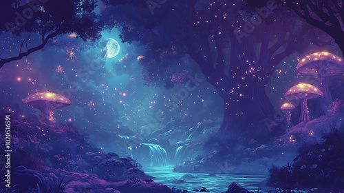 Enchanting Moonlit Forest with Glowing Mushrooms and Waterfall