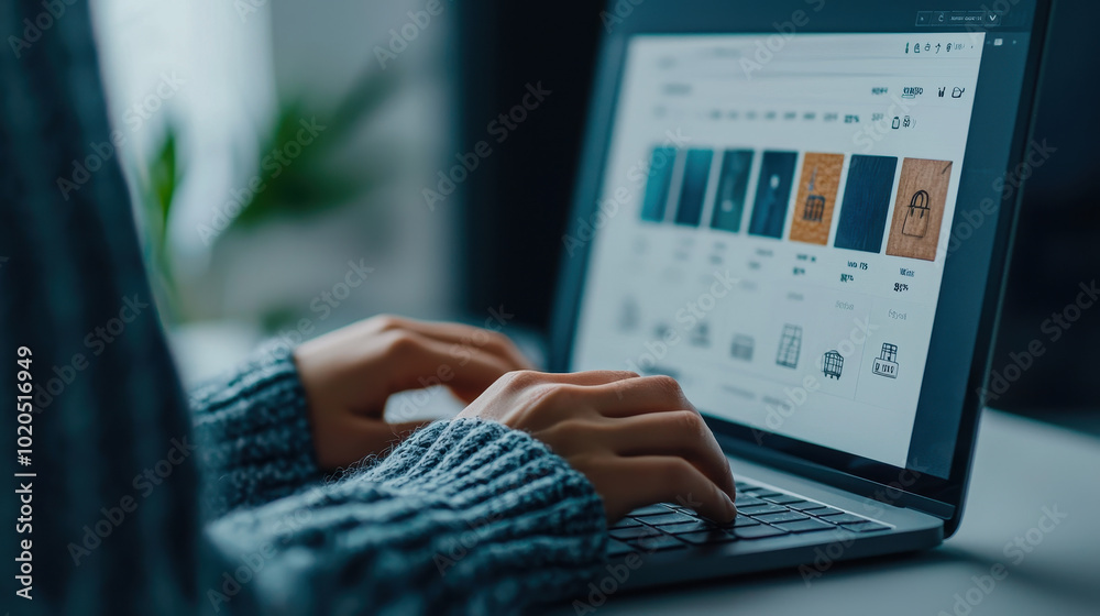 person browsing global e commerce platform on laptop, showcasing variety of products and user friendly interface. scene conveys sense of convenience and modern shopping person browsing global e commerce platform on laptop, showcasing variety of products and user friendly interface. scene conveys sense of convenience and modern shopping