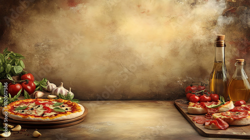 Delicious Italian pizza with fresh ingredients and olive oil, perfect for culinary backgrounds and food photography.