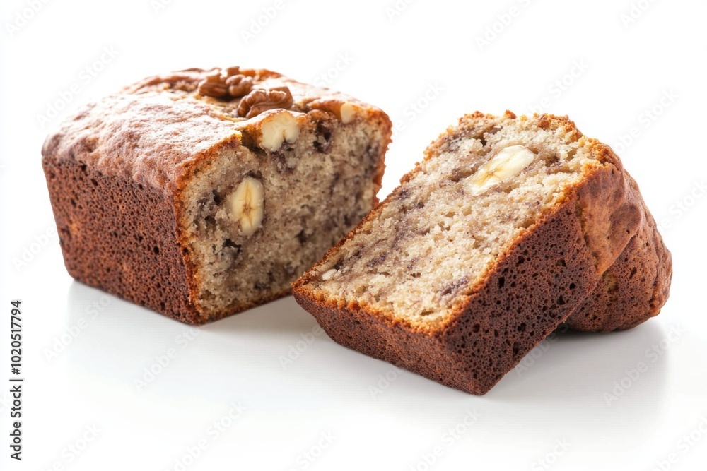 Freshly baked banana bread loaded with chunks of ripe banana on a pristine white background Freshly baked banana bread loaded with chunks of ripe banana on a pristine white background