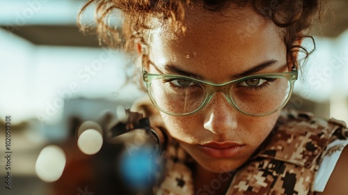 A compelling close-up of a focused individual wearing contemporary digital-themed attire and glasses, exuding an air of fierce determination in a tech setting. photo