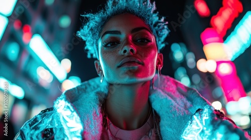 A stylish woman with short blue hair poses confidently against a neon-lit urban backdrop, exuding a modern and edgy sense of fashion and individuality. photo