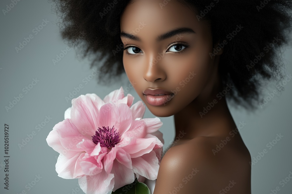 Female model gracefully holds a vibrant pink flower against a soft background Female model gracefully holds a vibrant pink flower against a soft background