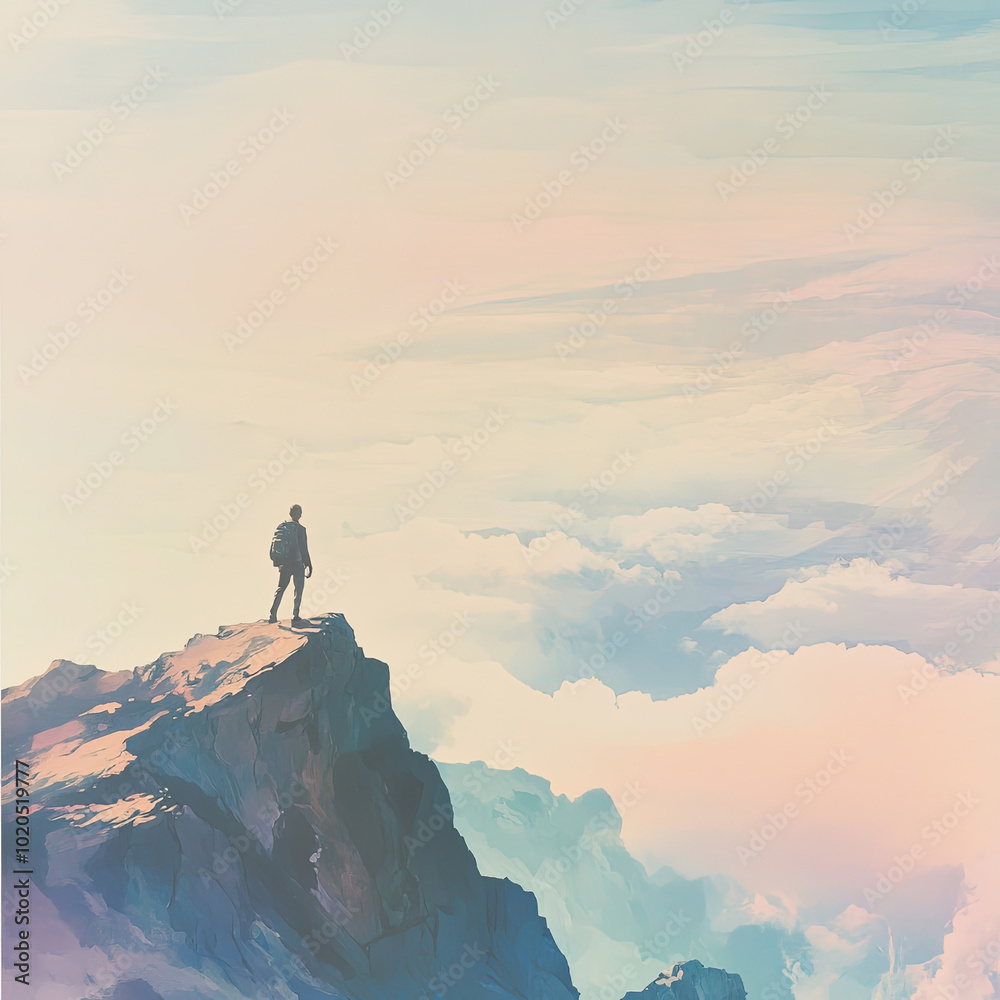 Wanderer auf einem Berggipfel - Energie tanken in der Natur - Aquarell Illustration in sanften Tönen