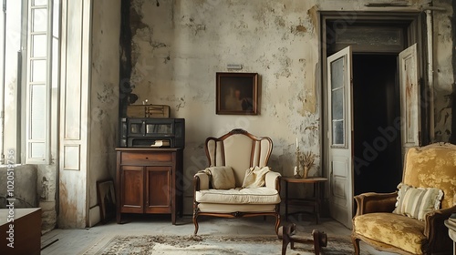 A vintage living room with a white armchair and a yellow armchair, wooden furniture, and a painting on the wall.