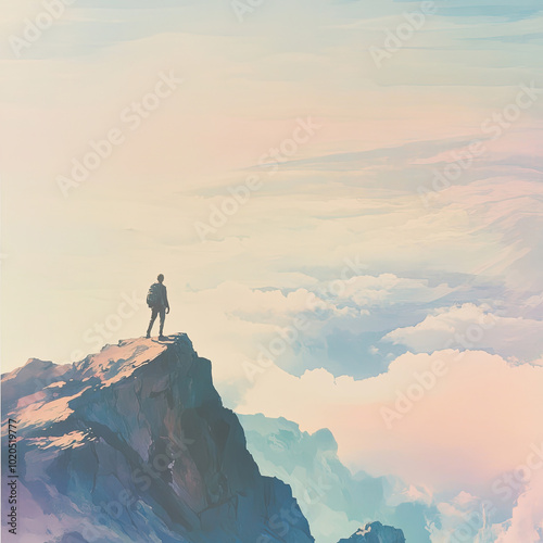 Obraz na płótnie Wanderer auf einem Berggipfel - Energie tanken in der Natur - Aquarell Illustration in sanften Tönen w salonie