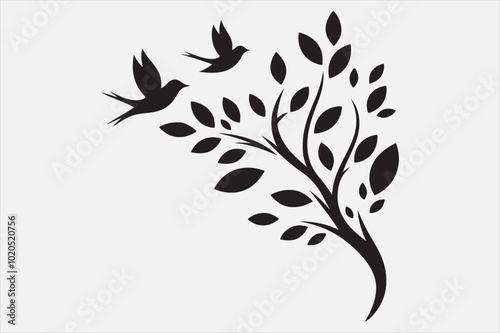 A tree branch with small leaves and two birds.