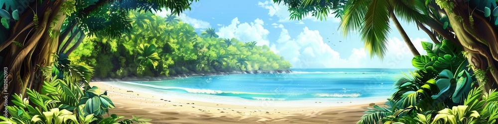 A vibrant tropical forest blends into a sandy beach, with clear ocean water gently lapping at the shore, creating a peaceful environment. Generative AI A vibrant tropical forest blends into a sandy beach, with clear ocean water gently lapping at the shore, creating a peaceful environment. Generative AI