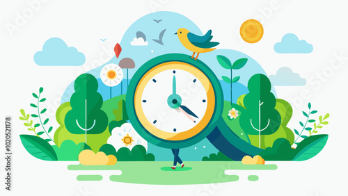 Time Concept with Nature Landscape and Clock Illustration