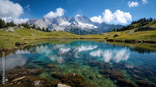 A picturesque lake reflecting towering snow-capped mountains, surrounded by lush greenery and blue sky, creating a serene and breathtaking natural scene.